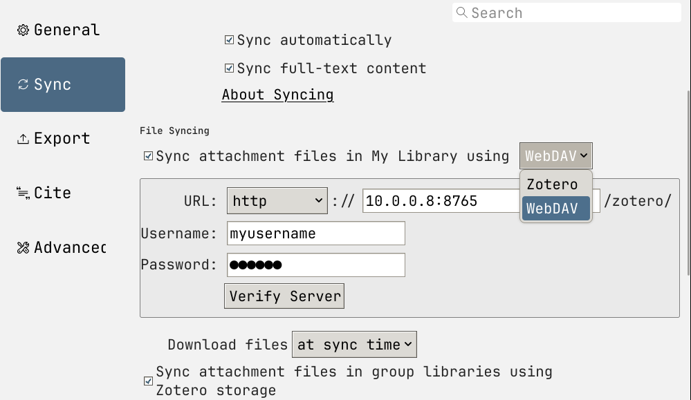 Figure 1: Zotero setting page showing WebDav option